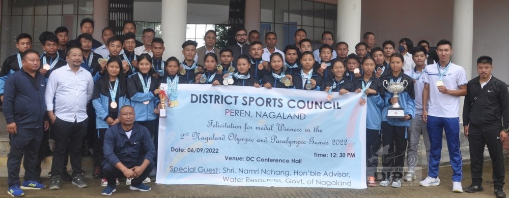 District Sports Council, Peren organized a felicitation programme for medal winners in the recently concluded 2nd Nagaland Olympic and Paralympic Games 2022 at DC's Conference Hall, Peren on September 6 2022 with Advisor Water Resources, NamriNchang as the Special Guest. Peren District won 8 Gold, 5 Silver, and 13 Bronze and stood in 5th position in the medal tally. (DIPR Photo)